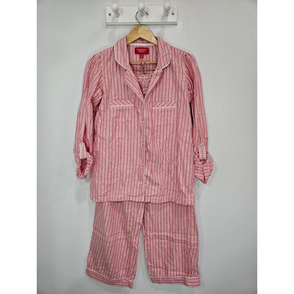 Victoria's Secret Pink White Striped Metallic Pajama Set M Regular 275769-BW1